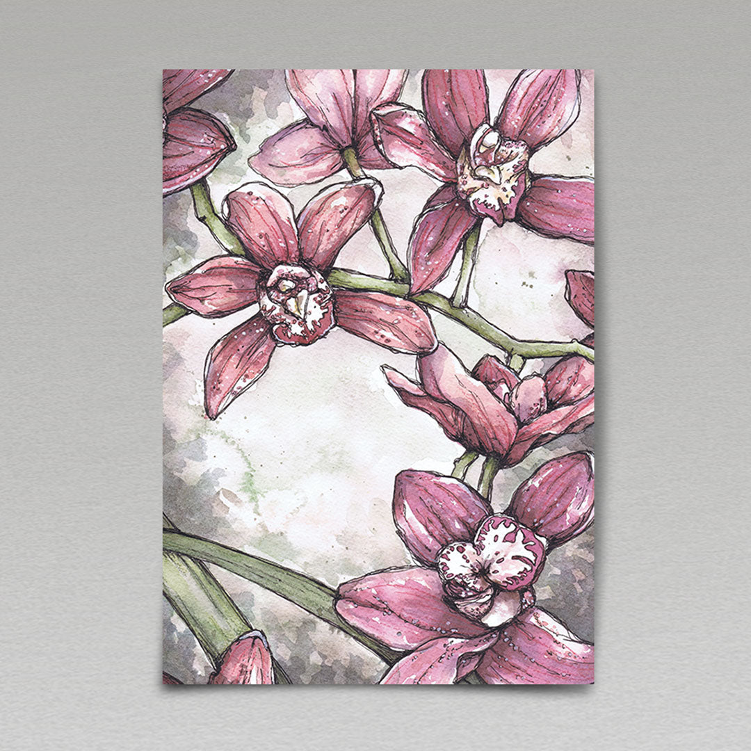 Quality art print of pink Orchids watercolour and ink painting from Joan and Rose